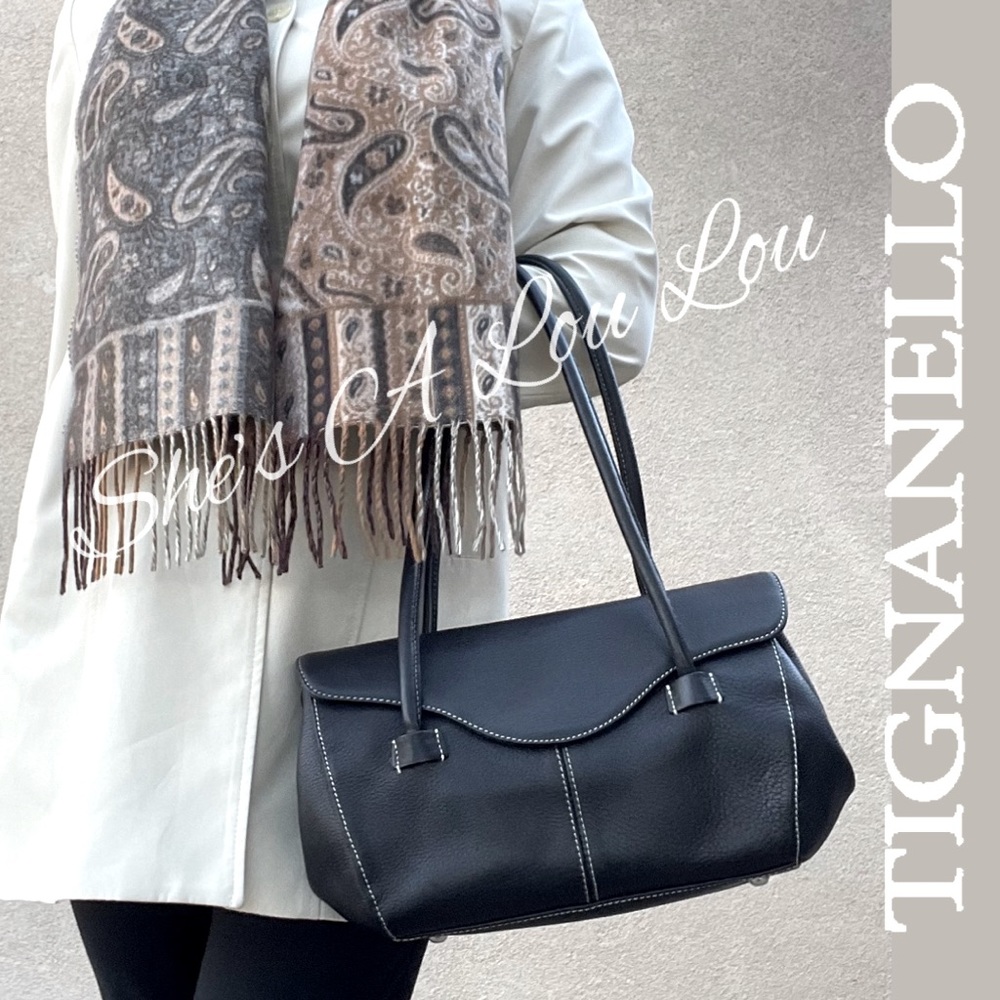 Tignanello • Leather Doc Style Satchel Bag in Black AND V.FRAAS Scarf BUNDLE